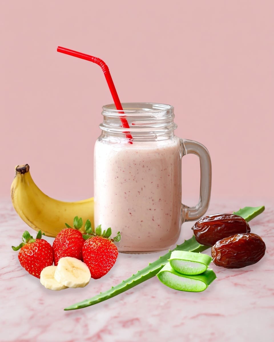 A clear glass jar with a handle is filled with a smooth, creamy light pink smoothie that has tiny red and yellow specks throughout, topped with a bright red curved straw sticking out from the top. Around the jar lie fresh ingredients used for the smoothie: two whole bright red strawberries with green leaves at the base, a peeled yellow banana with three round banana slices in front, a halved avocado showing its greenish-yellow inside flesh, two brown shiny dates with wrinkled skin, and a fresh green aloe vera leaf cut into three pieces showing white gel inside. The items are all set against a soft pink background. Photo taken with an iphone --ar 4:5 --v 7