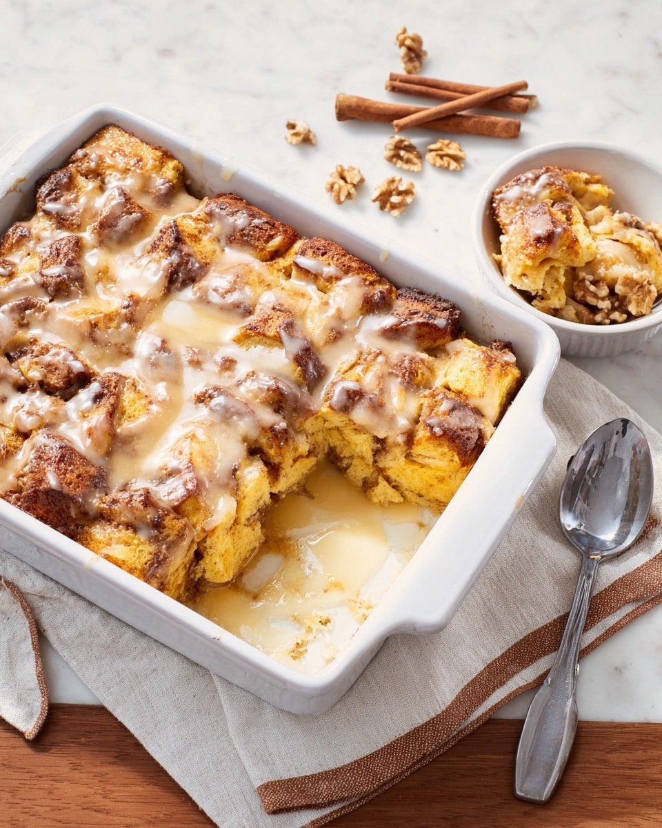 A white rectangular baking dish holds a baked bread pudding with icy white glaze drizzled unevenly over a golden-brown, slightly crispy top layer made of cubed bread. The bread pieces look soft and moist underneath with some darker caramelized spots peeking through. A section has been scooped out on the right side of the dish, showing the soft, dense inside filled with more uneven golden bread bits. To the right, there is a white cup holding a serving of the bread pudding. The dish and cup rest on a beige cloth with dark brown stripe lines over a light wooden table with a white marbled texture. A silver spoon is partially seen at the top right corner of the image. Photo taken with an iphone --ar 4:5 --v 7