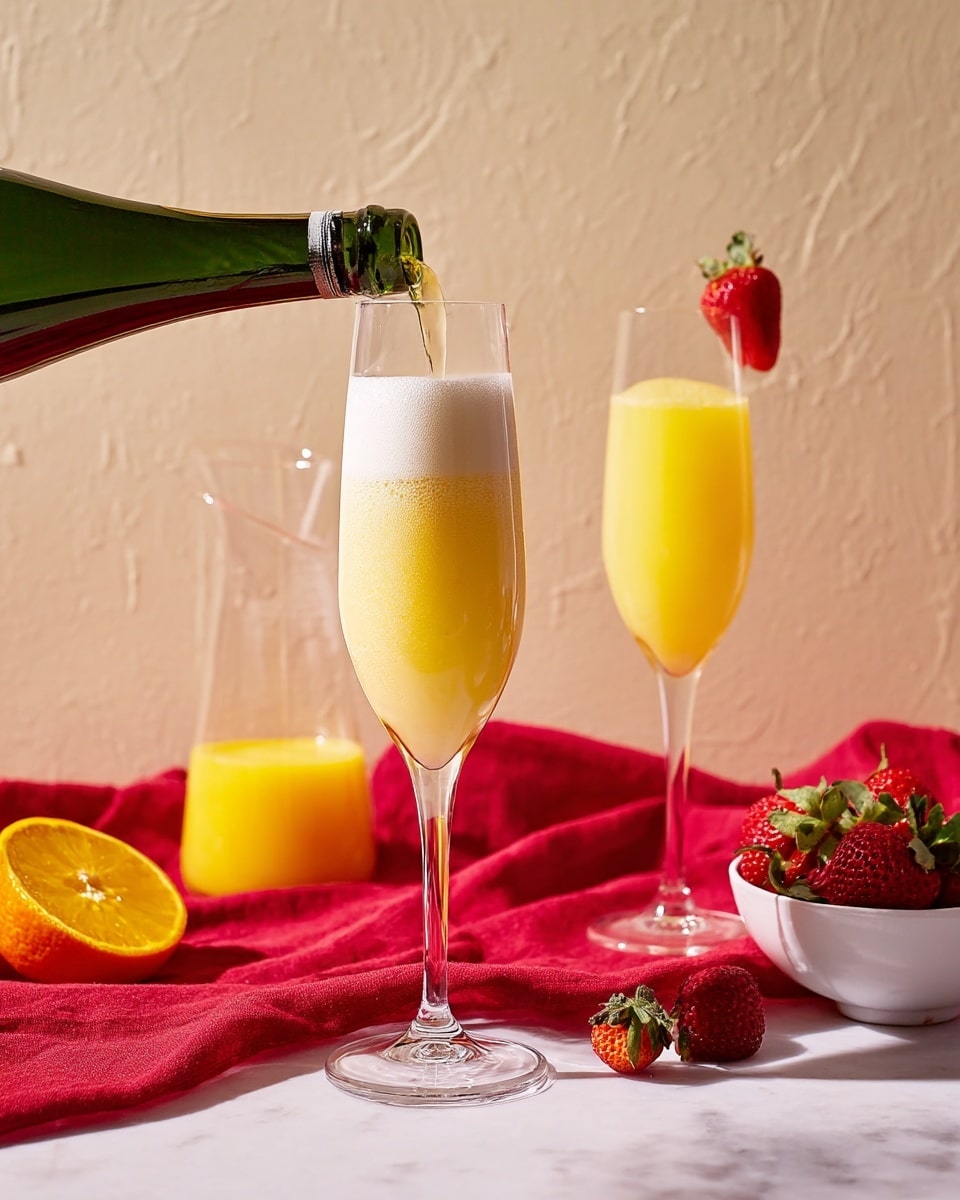 The image shows a tall clear glass flute being filled with a light yellow, foamy drink. The glass is in the center, in front of a pitcher filled halfway with orange juice and a slice of orange resting beside it; both are placed on a deep red cloth. To the right is another glass of the same drink, garnished with a red strawberry on its rim. In front of this glass is a small white bowl filled with fresh red strawberries, sitting on the same red cloth. The background has a light pink textured wall, and the whole scene is set on a white marbled surface. photo taken with an iphone --ar 4:5 --v 7