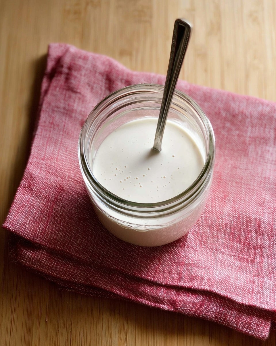 A clear glass jar filled with a smooth, creamy white liquid that appears thick and slightly frothy, with small bubbles visible on the surface. A metal spoon stands upright in the jar, partially submerged in the liquid. The jar rests on a folded, textured pink and white cloth, which sits on a wooden surface. The scene is viewed from above, focusing closely on the jar and its contents. photo taken with an iphone --ar 4:5 --v 7