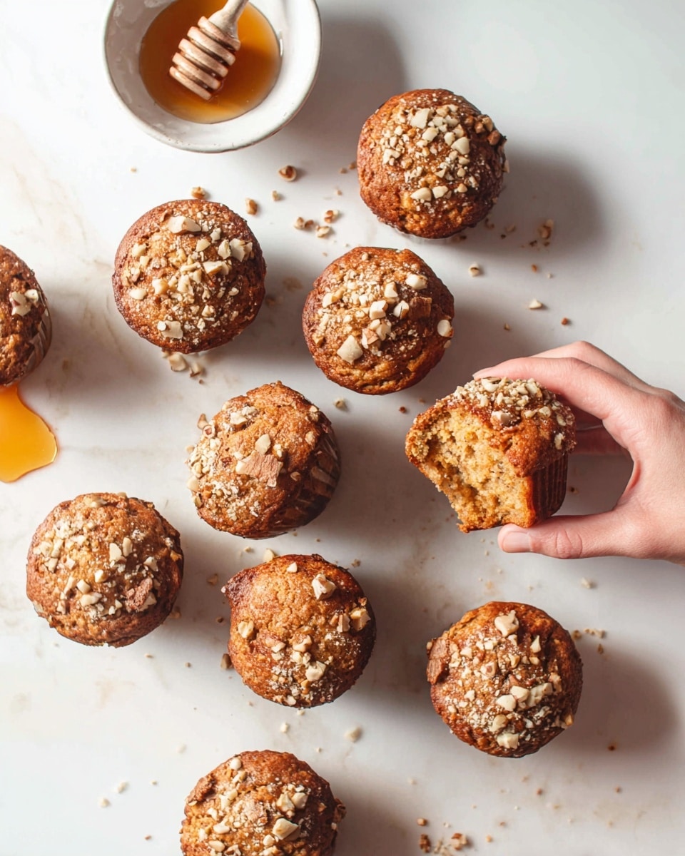 The image shows eleven homemade muffins scattered on a white marbled surface. Each muffin has a golden-brown top sprinkled with light-colored crushed nuts or crumb topping, adding texture. One muffin has a bite taken out, revealing a soft, moist inside. On the left side, there is a wooden bowl with a honey dipper resting inside. A woman's hand is gently touching one of the muffins on the right. The overall look is warm and inviting, with natural lighting highlighting the muffins' texture and color. Photo taken with an iphone --ar 4:5 --v 7