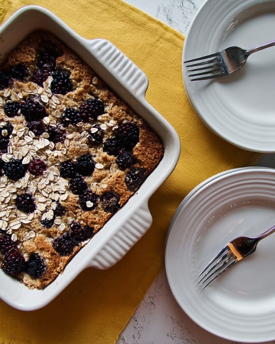 The image shows a white ceramic baking dish filled with a golden-brown baked dessert topped with dark purple and black berries and sprinkled with light brown oats. Next to the dish, there are two empty white plates with a subtle embossed pattern on the rim, each holding a silver fork resting diagonally. The items are placed on a textured yellow cloth, all set on a white marbled surface. photo taken with an iphone --ar 4:5 --v 7