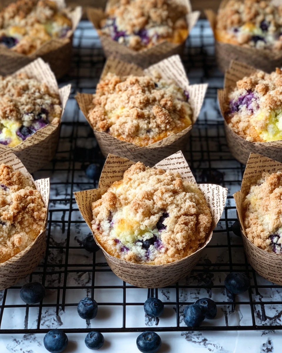 The image shows several blueberry muffins in light brown paper wrappers with black printed text, arranged on a black cooling rack over a white marbled surface. Each muffin has two visible layers: a base layer of soft, light yellow cake with purple blueberry spots, topped with a crumbly, light brown streusel that has a rough, uneven texture. Scattered fresh blueberries surround the muffins on the cooling rack, adding deep blue color contrasts. The image is captured from above, giving a clear view of the muffins and scattered fruit photo taken with an iphone --ar 4:5 --v 7