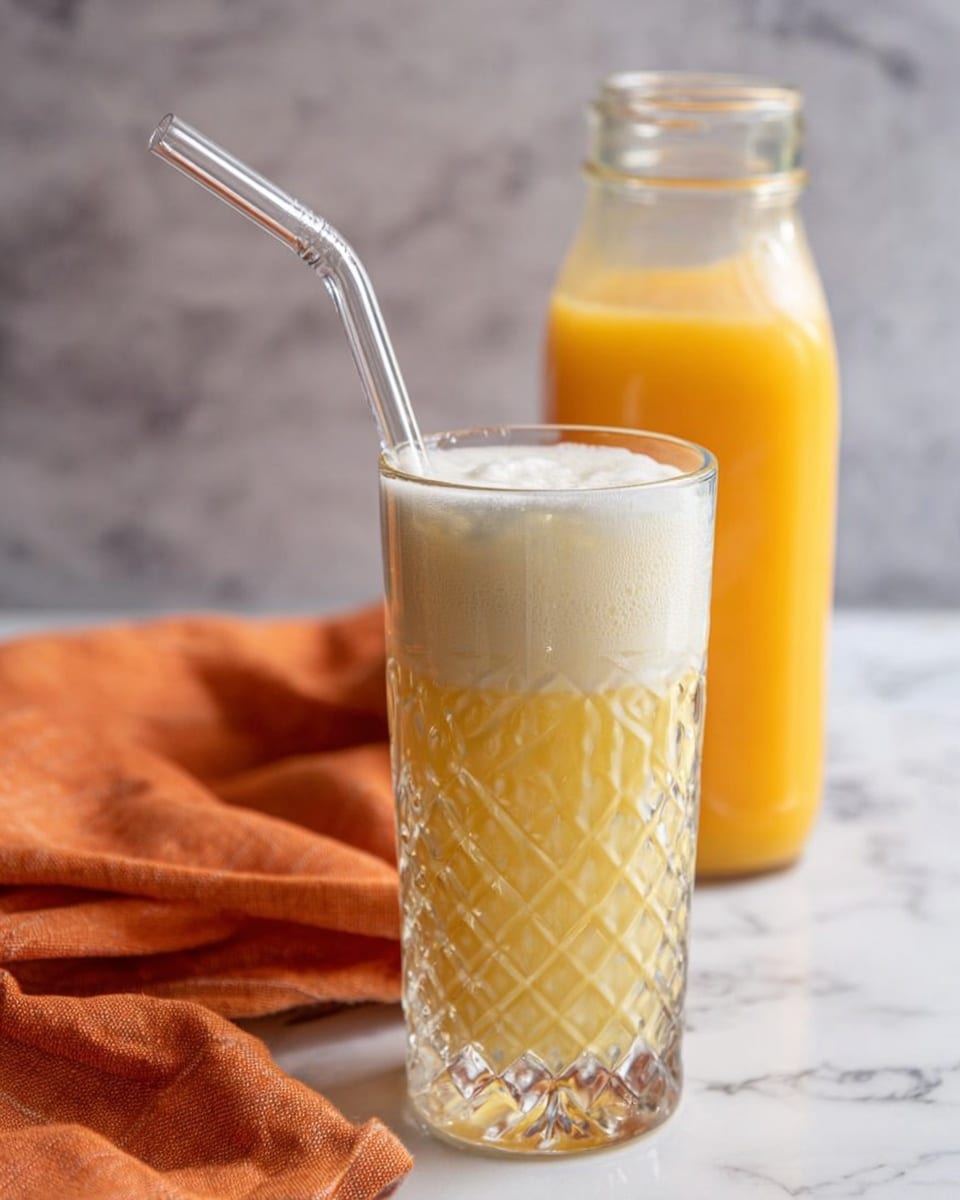A clear glass cup with textured diamond patterns holds a light yellow beverage with a frothy white top layer, and a metal straw is placed inside. Behind the cup, there is a tall glass container filled with a bright yellow juice. An orange cloth is casually spread under and around both the cup and the container, all set on a white marbled surface. Photo taken with an iphone --ar 4:5 --v 7