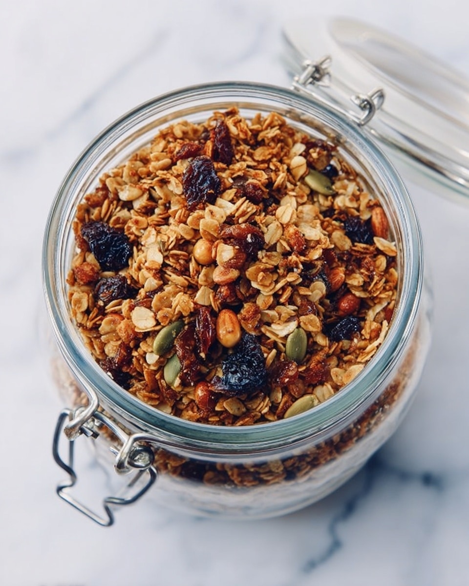A clear glass jar filled with a single layer of crunchy granola mixes of golden brown oats and seeds with some darker pecan pieces and light beige buckwheat, topped unevenly with scattered dark dried berries and a whole almond in the center. The jar lid is open, with shiny metal clasps visible, all placed on a white marbled textured surface. photo taken with an iphone --ar 4:5 --v 7