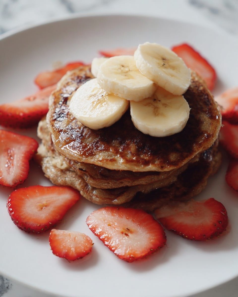 A stack of three golden-brown pancakes is placed slightly off center on a white plate, with each pancake showing a slightly uneven, crispy edge and soft texture inside. On top of the stack, there are five round slices of banana with pale yellow color and soft texture. Around the pancakes, there is a ring of thin, red strawberry slices with white centers, arranged neatly on the plate. The background is a white marbled surface, highlighting the colors of the food. photo taken with an iphone --ar 4:5 --v 7