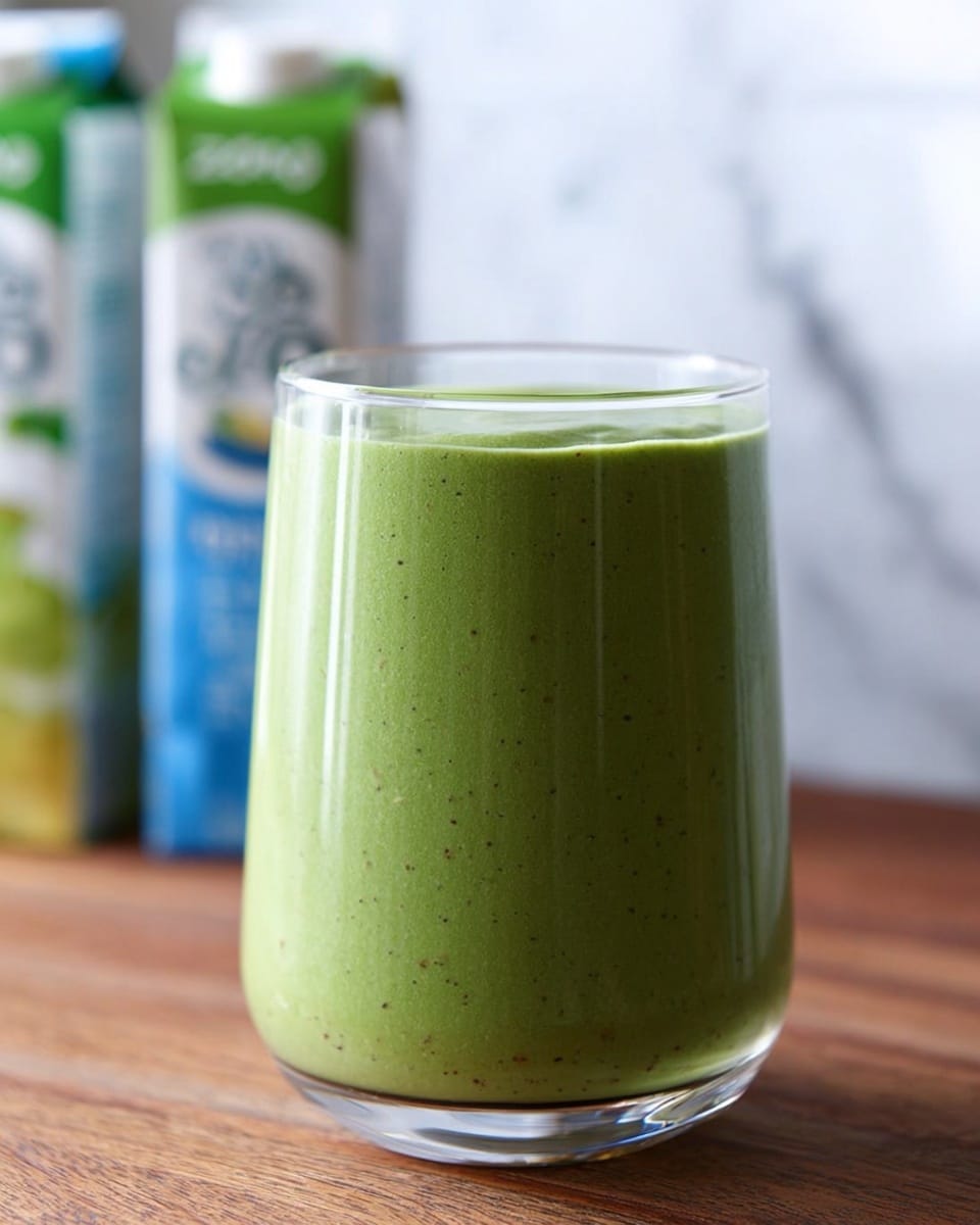 A clear glass filled with a smooth, thick green smoothie stands on a wooden surface with a white marbled texture in the background. The smoothie is uniform in color, light green with small darker green flecks visible, filling the glass almost to the top with a flat surface. Behind the glass, there are blurred items including a white container and a blue carton. The lighting is soft and natural, highlighting the glass and the vibrant green smoothie inside. Photo taken with an iphone --ar 4:5 --v 7