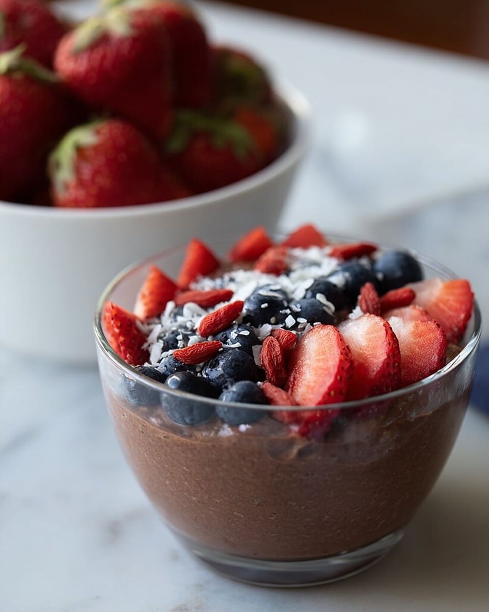 A clear glass bowl contains a layered dessert sitting on a white marbled surface. The bottom layer fills most of the bowl and is smooth and thick with a dark purple-brown color, likely a chocolate or berry base. On top, multiple thin slices of bright red strawberries spread evenly, followed by a few whole plump blueberries, deep blue with a slight powdery look. Scattered among the fruit are small red dried berries and white coconut flakes that add texture and color contrast. In the background, a white bowl filled with fresh strawberries is slightly out of focus. photo taken with an iphone --ar 4:5 --v 7