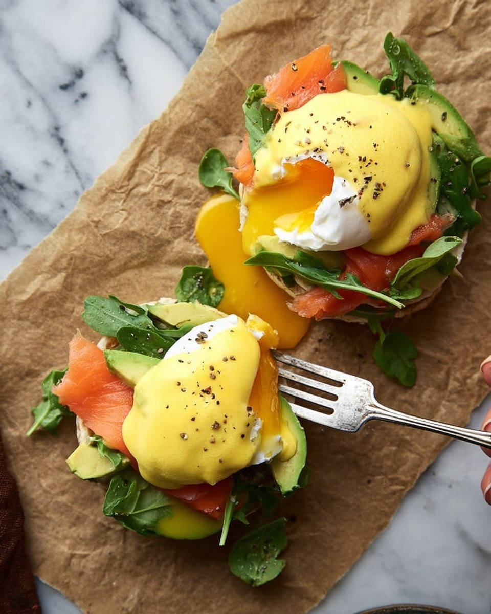 The image shows two eggs Benedict pieces placed on brown paper over a white marbled surface. Each piece has a base layer of toasted English muffin, topped with bright green avocado slices, fresh green spinach leaves, and red tomato slices. Over the vegetables, there is a smooth, shiny white poached egg covered in thick, glossy, yellow hollandaise sauce, lightly sprinkled with black pepper. On the right side, a fork holds one piece while a knife cuts through the egg, showing bright orange yolk running onto the brown paper. The scene is bright and natural, with a woman's hand gently holding one of the pieces. Photo taken with an iphone --ar 4:5 --v 7
