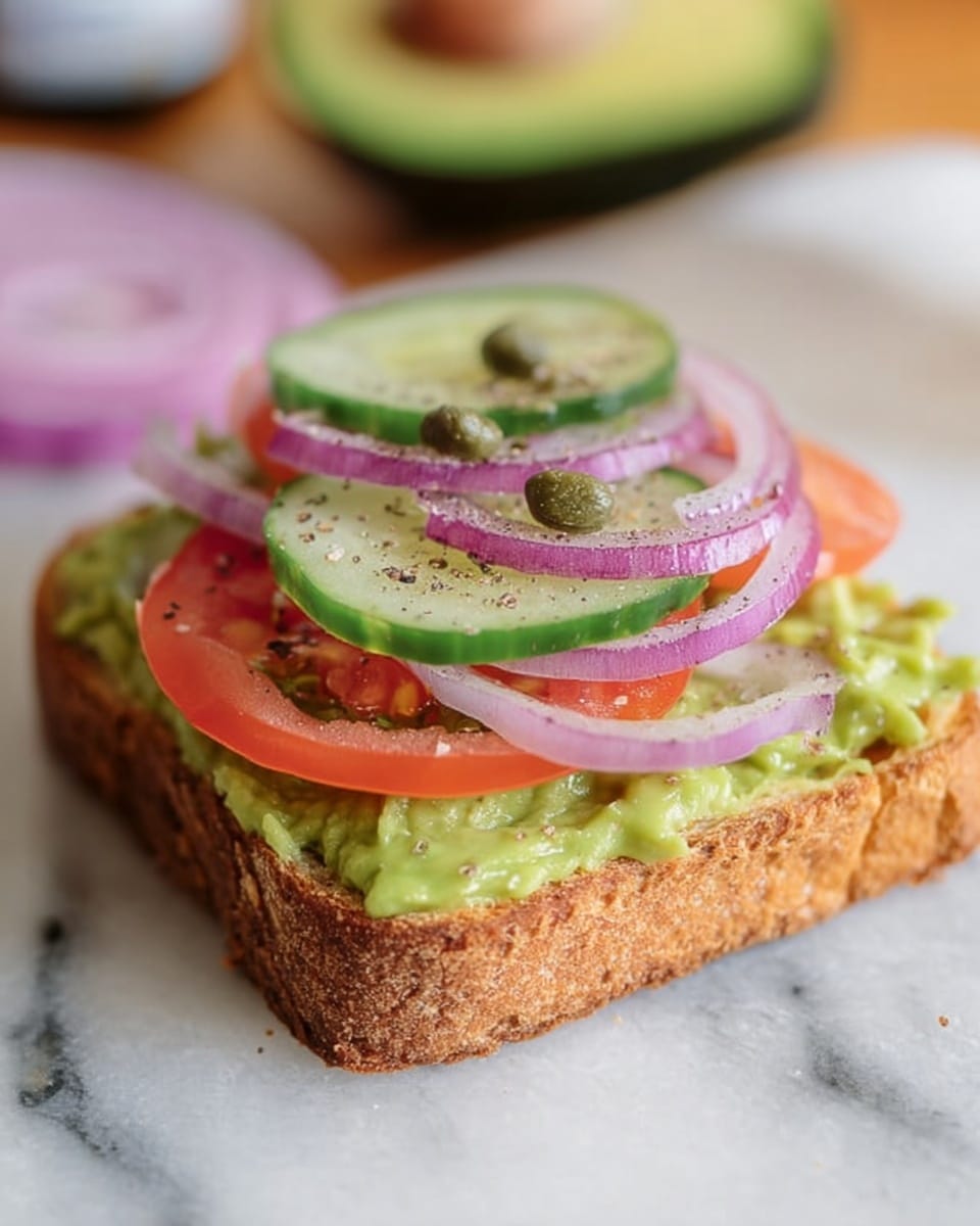 A single slice of toasted bread with a thick, uneven layer of bright green mashed avocado spread on top. On the avocado, there is a layer of thin tomato slices in a light red color, followed by a layer of round cucumber slices that are pale green with dark green skin edges. On top of the cucumber, there are several thin rings of purple-red onion, scattered unevenly. Small green capers are sprinkled over the top, along with a few grains of black pepper. The toast sits on a white marbled surface. photo taken with an iphone --ar 4:5 --v 7