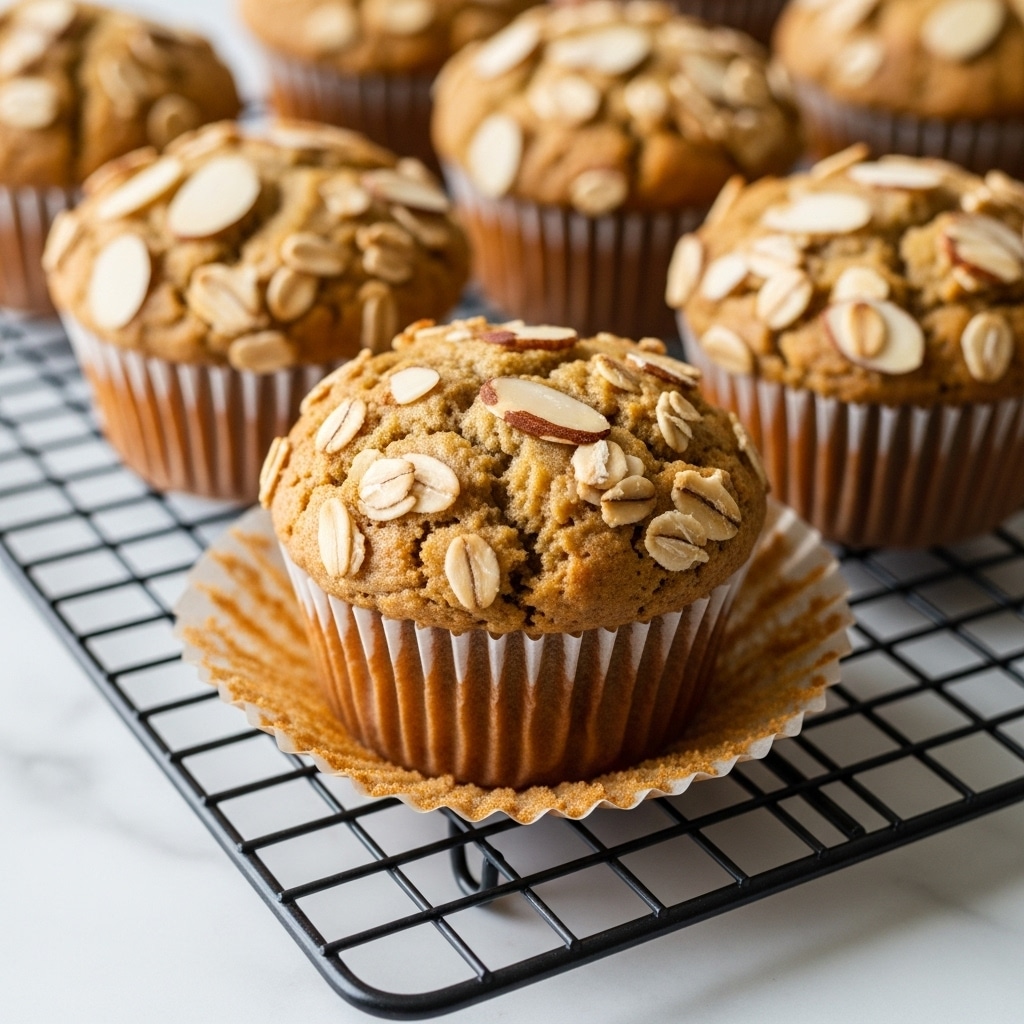 The image shows a close-up of several muffins placed on a black cooling rack over a white marbled surface. Each muffin has a golden-brown top sprinkled with light tan oat flakes and thin slices of almonds. The muffins are in beige paper liners that display the slightly textured, soft tops with some oat flakes scattered around them. The background is softly blurred to keep the focus on the muffins. photo taken with an iphone --ar 4:5 --v 7