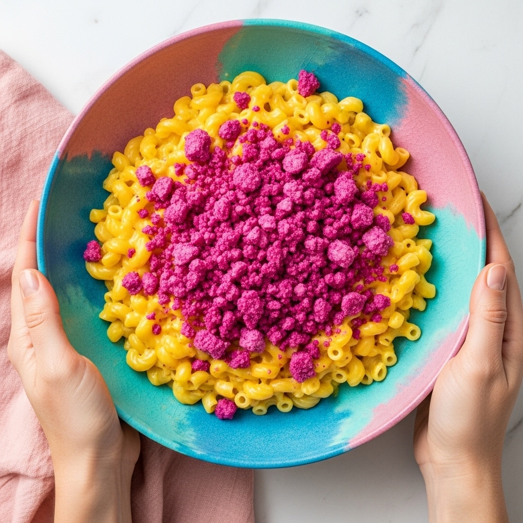 A large white round bowl with blue, green, and pink color patches holds a creamy yellow macaroni dish topped with crunchy, deep pink bits scattered all over. The bowl sits on a soft pink cloth on a white marbled surface. Two woman's hands hold the bowl gently from opposite sides, with the fingers softly curved around the edges. The macaroni pieces are small, curved tubes coated in a smooth cheese sauce, while the pink topping adds a textured, crispy contrast. photo taken with an iphone --ar 4:5 --v 7