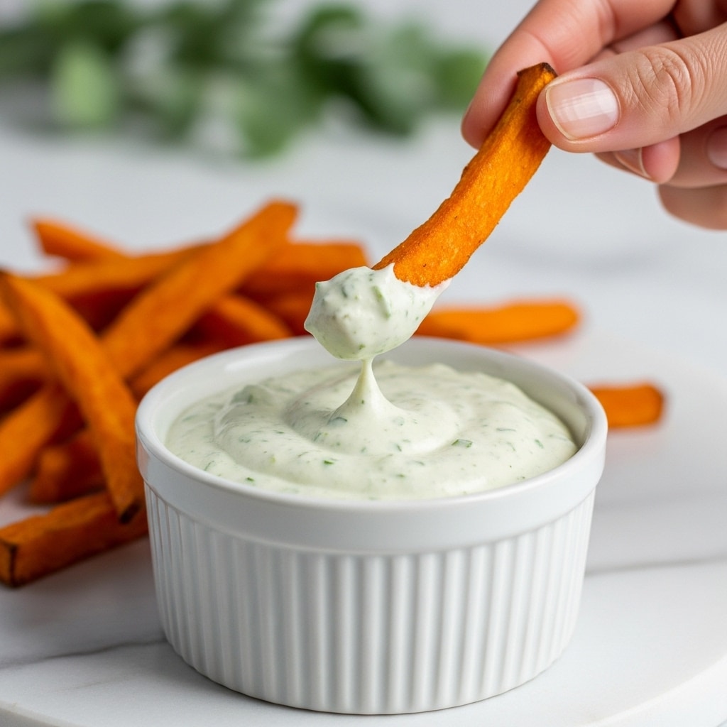 A white small bowl filled with thick, creamy, light green sauce with visible small herb pieces sits on a white marbled surface edged with gold. A woman's hand holds an orange fry covered lightly with coarse salt, dipped halfway into the sauce, with a dollop of the sauce clinging to the fry. In the blurred background, there are more orange fries garnished with a small sprig of green herbs on the same white marbled surface. photo taken with an iphone --ar 4:5 --v 7