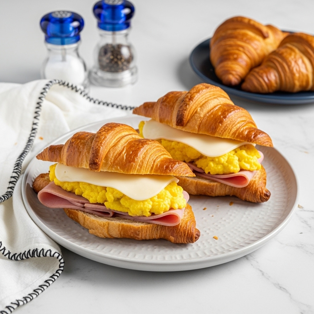 Two croissant sandwiches sit on a light gray plate. Each sandwich has three visible layers: the bottom is a pale yellow scrambled egg with a soft texture, the middle is a pink slice of ham folded over, and the top is a melted white cheese with a smooth look. The croissants are golden brown and flaky with a slightly glossy, soft crust. The plate is on a white marbled surface, next to a white cloth with black dashed lines and a blue cloth. A navy blue square plate with another croissant and two blue glass salt and pepper shakers are nearby. photo taken with an iphone --ar 4:5 --v 7