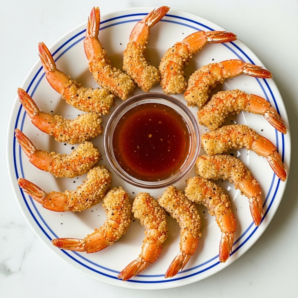 A white plate with two thin blue rings near the edge holds a circle of nine golden-brown fried shrimp with a crispy texture, each with a visible tail showing a reddish tint. In the center of the plate rests a small clear glass bowl filled with thick dark red dipping sauce. The plate is set on a white marbled surface. photo taken with an iphone --ar 4:5 --v 7