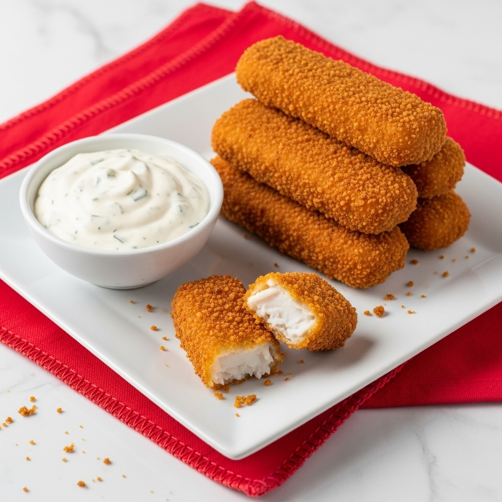 On a white square plate sitting on a red cloth over a white marbled surface, there is a stack of golden-brown crispy fish sticks with one fish stick broken in half showing white flaky inside. Next to the fish sticks is a small white bowl filled with thick white dipping sauce speckled with herbs. Some crumbs are scattered on the plate around the fish sticks. Photo taken with an iphone --ar 4:5 --v 7