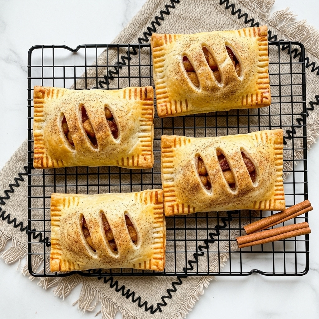 The image shows four rectangular apple hand pies cooling on a black wire rack over a beige cloth with frayed edges, placed on a white marbled surface. Each pie has a golden-brown, slightly crispy crust with a darker browned edge, and the tops feature three diagonal slits revealing a filling of diced apples mixed with cinnamon, giving a warm brown color with a glossy texture beneath the crust. Two cinnamon sticks rest nearby on the surface, adding a rustic touch to the scene. photo taken with an iphone --ar 4:5 --v 7