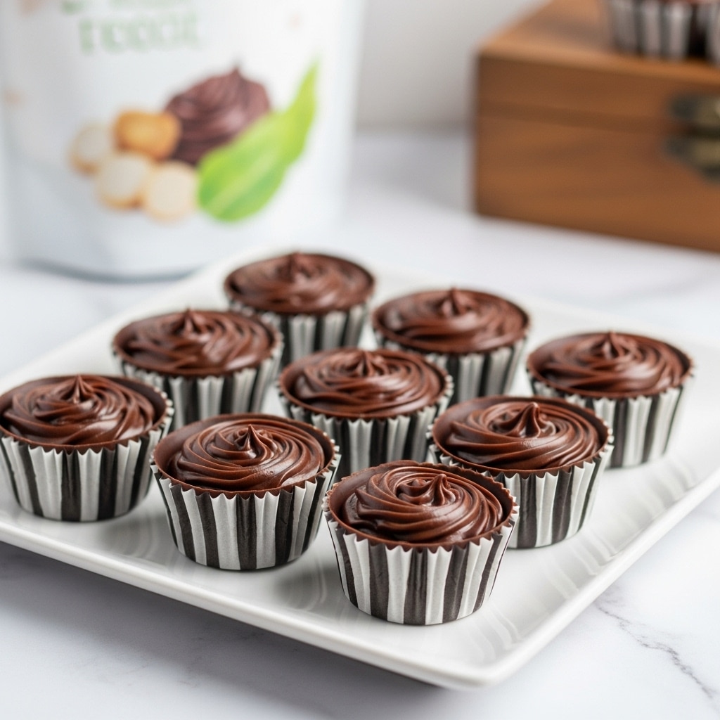 The image shows nine small chocolate cups arranged in three rows on a white glossy plate set on a white marbled surface. Each cup has two visible layers: a bottom dark brown chocolate layer with a slightly glossy finish and a smooth dark brown chocolate top layer with a slightly rippled texture. The chocolate cups are contained in white paper liners with ridged edges. The background is slightly blurred and includes a bag with green and brown graphics and a wooden tray with dark brown beans. photo taken with an iphone --ar 4:5 --v 7