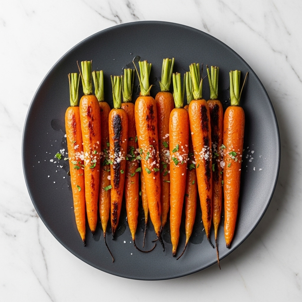 A dark grey plate holds a single layer of roasted whole carrots with green tops. The carrots are bright orange with charred dark tips and some blackened root ends. They are sprinkled with coarse white salt and small bits of green herb scattered over the top. The plate sits on a bright pink surface. photo taken with an iphone --ar 4:5 --v 7