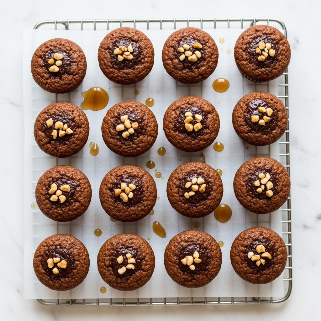 The image shows twelve round muffins with a golden-brown top arranged in a 3x4 grid on a silver cooling rack. Each muffin has small pieces of chopped walnuts scattered on top, and there is a shiny glaze that looks like honey or syrup drizzled over them. The cooling rack rests on crumpled white parchment paper, all set on a white marbled surface. photo taken with an iphone --ar 4:5 --v 7