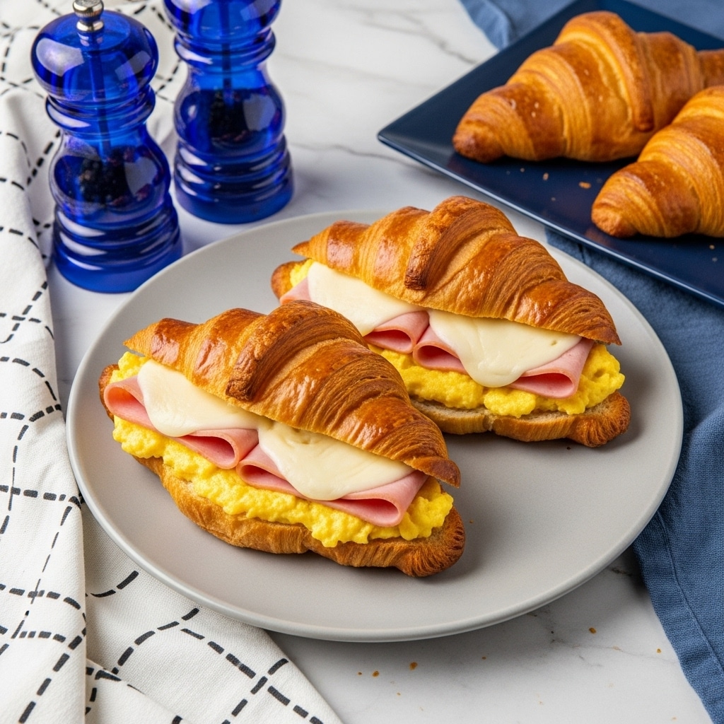 Two croissant sandwiches sit on a light gray plate with a subtle texture, placed on a white marbled surface. Each sandwich has three visible layers: the bottom golden-brown flaky croissant half, followed by a folded slice of pink ham, then a bright yellow scrambled egg layer, topped with a melted white cheese slice, and crowned by the other flaky croissant half, golden and slightly crisp. Nearby, there is a white linen cloth with black stitching, a small dark blue plate holding extra croissants, and two small blue glass salt and pepper shakers. The photo taken with an iphone --ar 4:5 --v 7