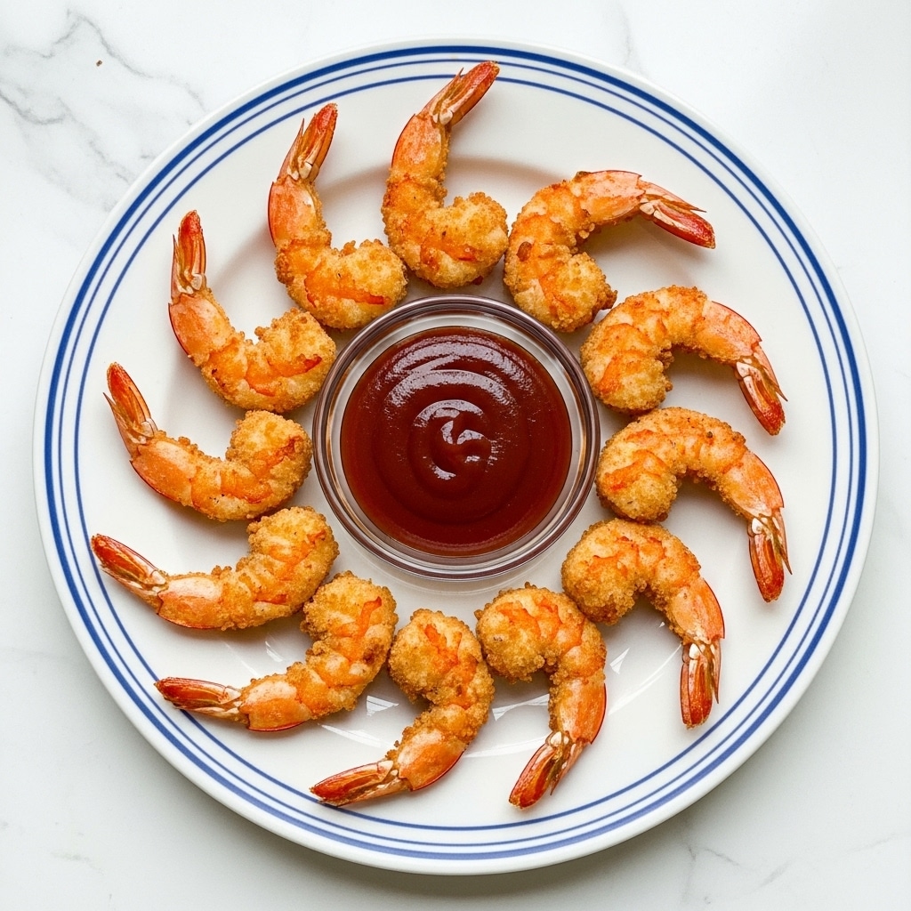 A white plate with two thin blue rings near the edge holds a circle of golden-brown fried shrimp. Each shrimp is crispy with a coarse textured coating that shows black pepper specks. The shrimp tails are bright orange and slightly curved outward. In the center of the plate, there is a small clear glass bowl filled with dark reddish-brown dipping sauce. The plate sits on a surface with a white marbled texture. photo taken with an iphone --ar 4:5 --v 7