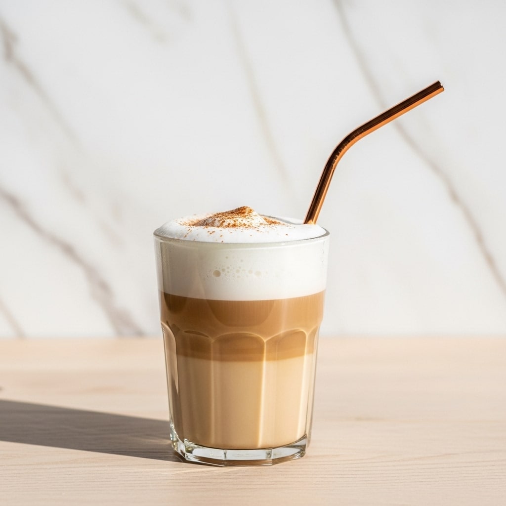 A clear glass filled with a light brown creamy drink, with a darker brown thin layer of foam just below a thick, white frothy top layer sprinkled with a dusting of cinnamon or cocoa powder. A copper straw leans out from the froth. The glass sits on a wooden surface against a plain gray background. photo taken with an iphone --ar 4:5 --v 7