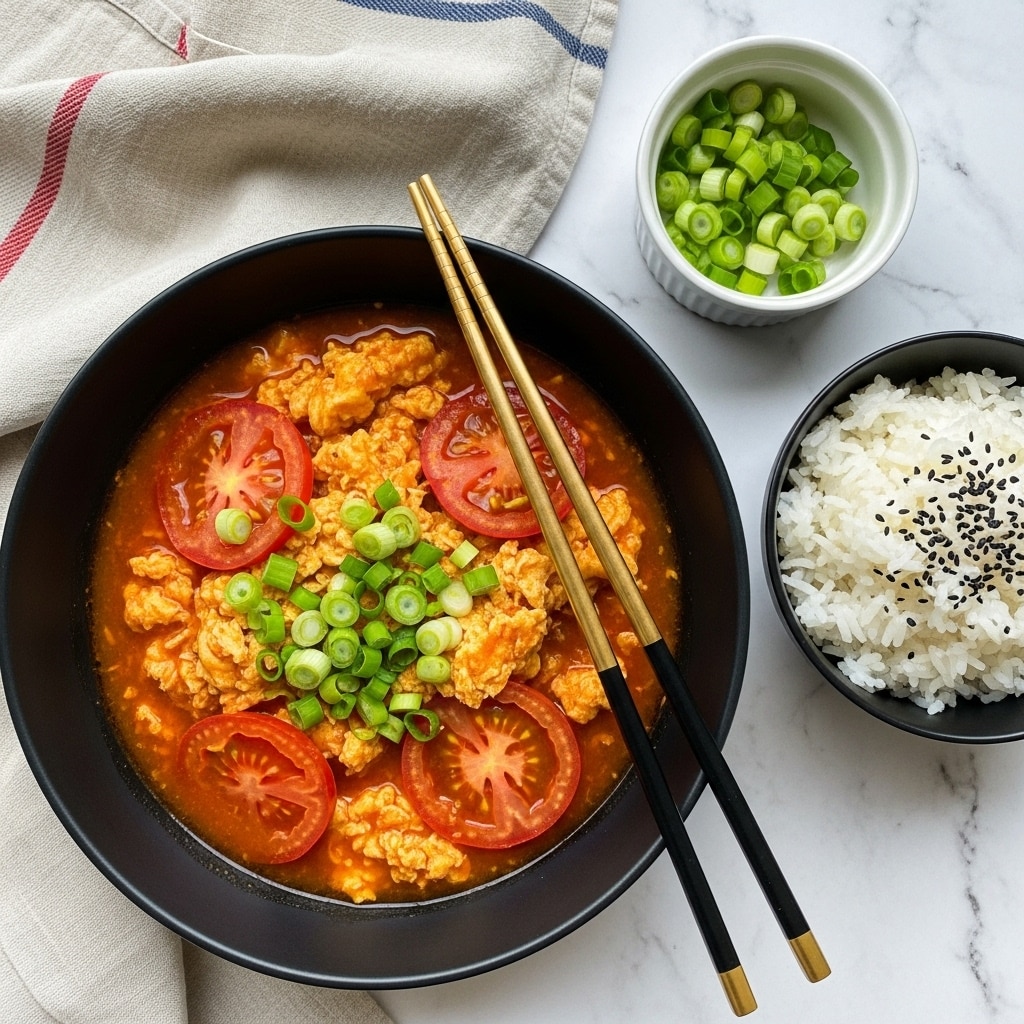 A black bowl holds a dish with three main layers: the base is a rich, red tomato sauce with a slightly thick texture, on top are bright orange scrambled eggs that look soft and fluffy, scattered with slices of red tomato mixed in the sauce, and finished with small pieces of green sliced spring onions sprinkled over the top. Resting diagonally inside the bowl are a pair of dark wooden chopsticks with a smooth finish. To the upper right of the bowl is a smaller black bowl filled with white steamed rice topped with black sesame seeds. Nearby, a small white bowl with green sliced spring onions is visible. The scene is set on a surface with a white marbled texture and a white cloth with red and blue stripes is partially visible on the left side of the image. photo taken with an iphone --ar 4:5 --v 7