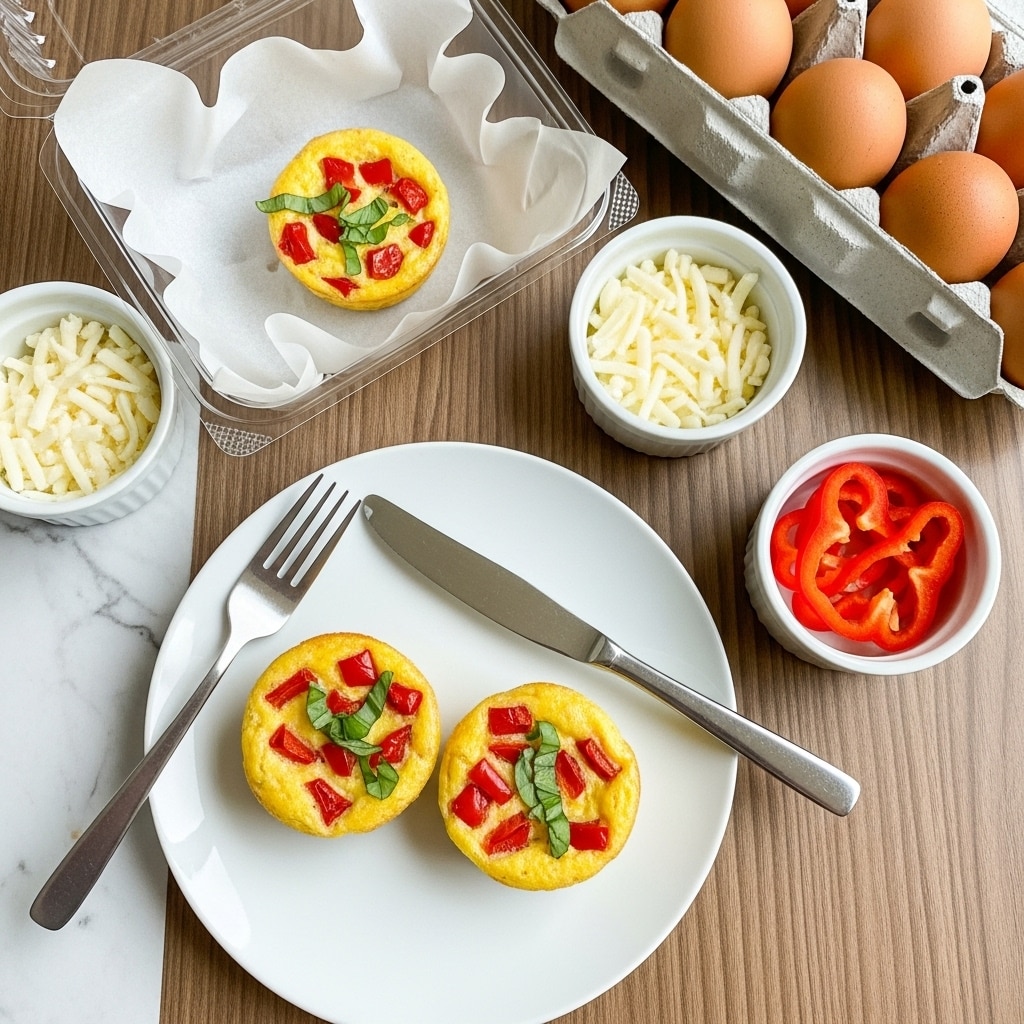 The image shows two small round egg bites on a white plate, each topped with bright red pepper slices and finely chopped green herbs, creating a colorful contrast against the soft yellow egg base. Next to the plate is a fork and knife on a wooden table. A third egg bite rests in a clear plastic container lined with white parchment paper, showing the same toppings. Nearby, there are two small white bowls: one with chopped red peppers and the other with shredded white cheese. A carton of brown eggs is partially visible. The setting is on a white marbled surface. photo taken with an iphone --ar 4:5 --v 7