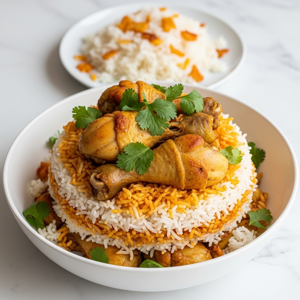 A large white bowl filled with cooked rice mixed with golden brown cooked chicken pieces scattered evenly throughout the dish. The rice is a mix of white and orange-tinted grains, showing some spiced seasoning, with small green cilantro leaves sprinkled on top for garnish. In the background, there is a smaller white plate with a side portion of the same rice, slightly less in quantity. The setup is on a white marbled surface, adding a clean contrast to the warm colors of the food. photo taken with an iphone --ar 4:5 --v 7