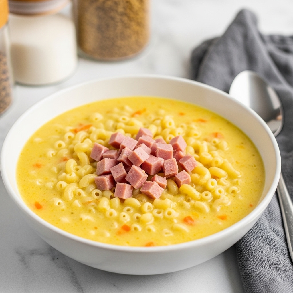 A close-up view of a white bowl filled with a creamy yellow soup that has small elbow macaroni and pink cubes of ham scattered on top and inside. The soup looks thick with a smooth texture, and small pieces of orange carrot can be seen mixed throughout. The bowl sits on a white marbled surface with a silver spoon placed to the right side and a gray cloth partially visible on the left. In the blurred background, there are two containers, one dark brown and one clear filled with spices. photo taken with an iphone --ar 4:5 --v 7