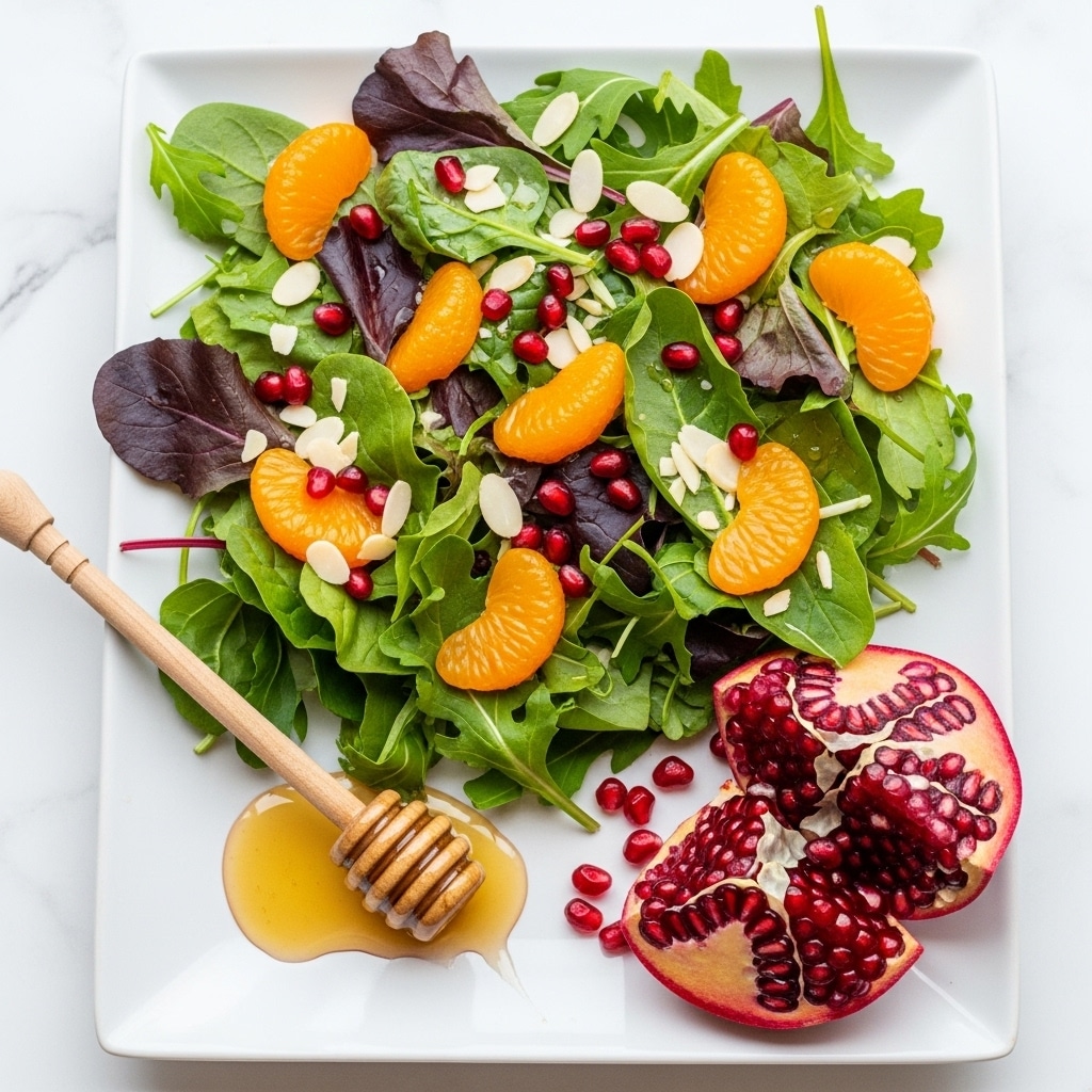 A fresh salad is arranged on a white plate, showing a mix of bright green arugula leaves as the base layer, topped with vibrant orange mandarin segments that add a juicy look, scattered red pomegranate seeds adding small pops of rich color, and thin pale almond slices sprinkled over the top. In the bottom foreground of the plate, a pomegranate half with deep red seeds is visible next to a wooden honey dipper resting on the plate with a small drop of golden honey dripping from it. The plate is set on a white marbled surface. photo taken with an iphone --ar 4:5 --v 7
