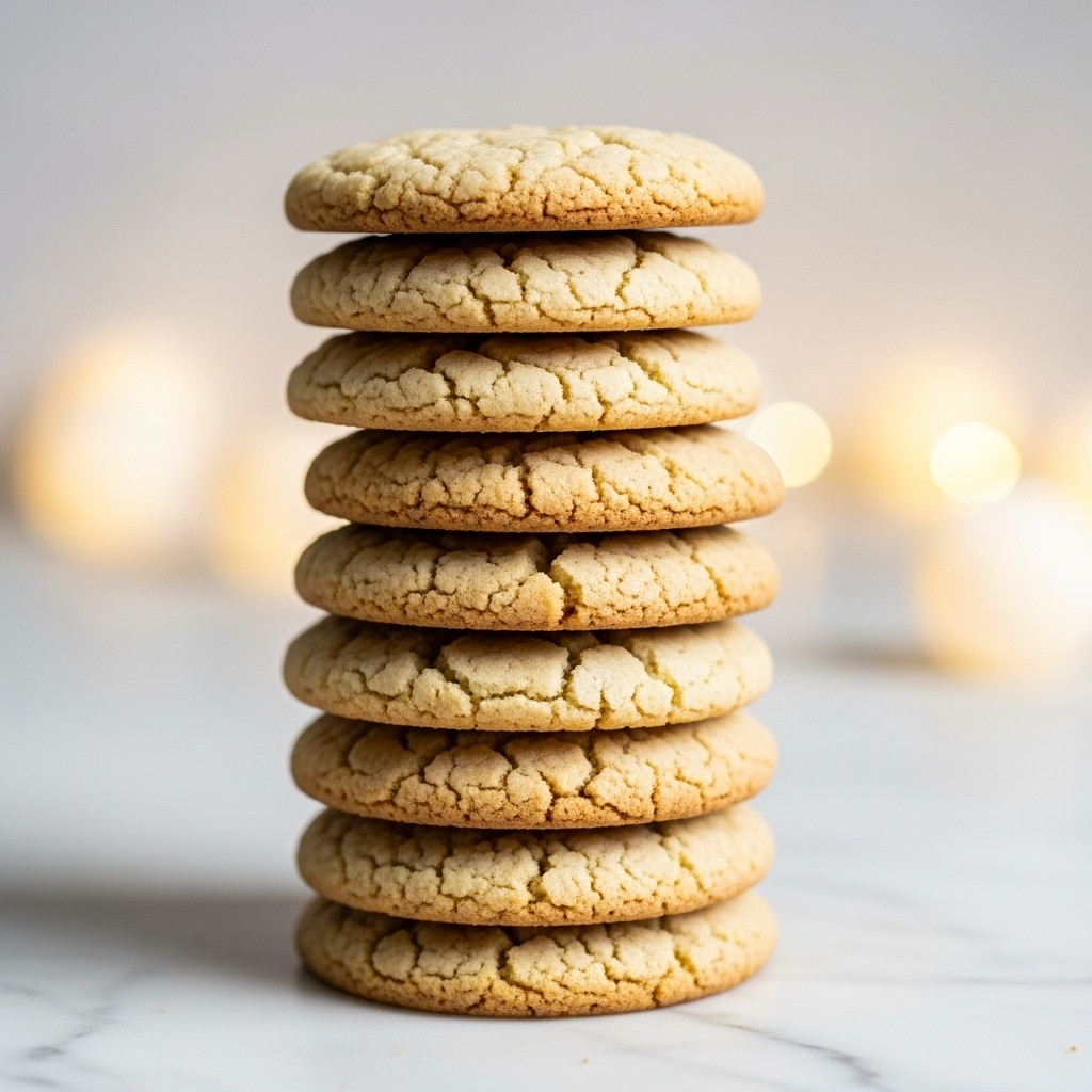 A tall stack of thin, round cookies is placed directly on a white marbled surface, with about twelve cookies in the pile. Each cookie has a rough, cracked texture and a light brown color, showing a slightly crumbly and baked look. The cookies are unevenly layered, with some edges sticking out more than others. The background is softly blurred with white twinkling lights creating a warm, cozy feel. photo taken with an iphone --ar 4:5 --v 7