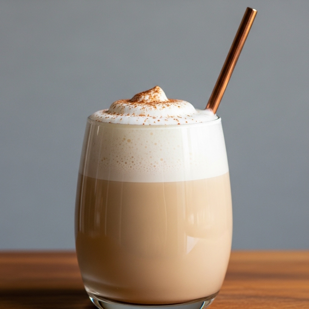 A creamy latte is served in a clear glass with three visible layers: the bottom layer is light brown and smooth, the middle layer is a thin dark brown foam, and the top layer is white frothy milk with a sprinkle of cinnamon or cocoa powder. A shiny copper straw is placed inside the glass, leaning to the right. The glass is set on a light wood table with a soft shadow. The background is a white marbled texture. photo taken with an iphone --ar 4:5 --v 7