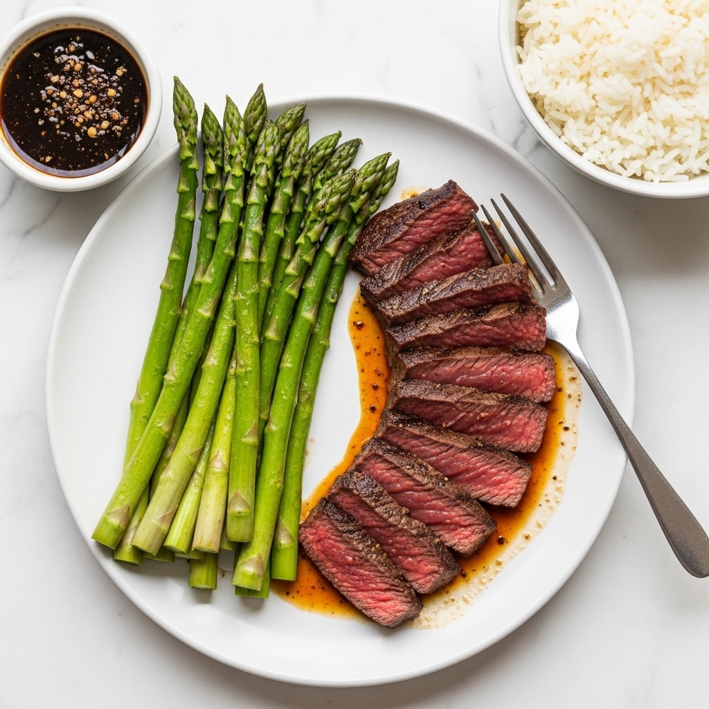 A white plate on a white marbled surface holds a meal with two main parts: on the left side, a bundle of bright green asparagus spears, fresh and slightly shiny, arranged neatly and pointing to the top edge of the plate; on the right side, a row of eight slices of medium-rare beef steak, with a dark brown crust and a pink center, laid out in a line over a dark red sauce that is spread in a loose pattern on the plate. A silver fork with a white handle is resting near the bottom right edge of the plate, with its tines touching the beef. To the plate's top right is a white bowl filled with fluffy white rice, and to the left of the plate, there is a small white bowl with dark soy sauce containing sesame seeds. A dark blue cloth napkin and a silver knife are partially visible on the white marbled surface. photo taken with an iphone --ar 4:5 --v 7