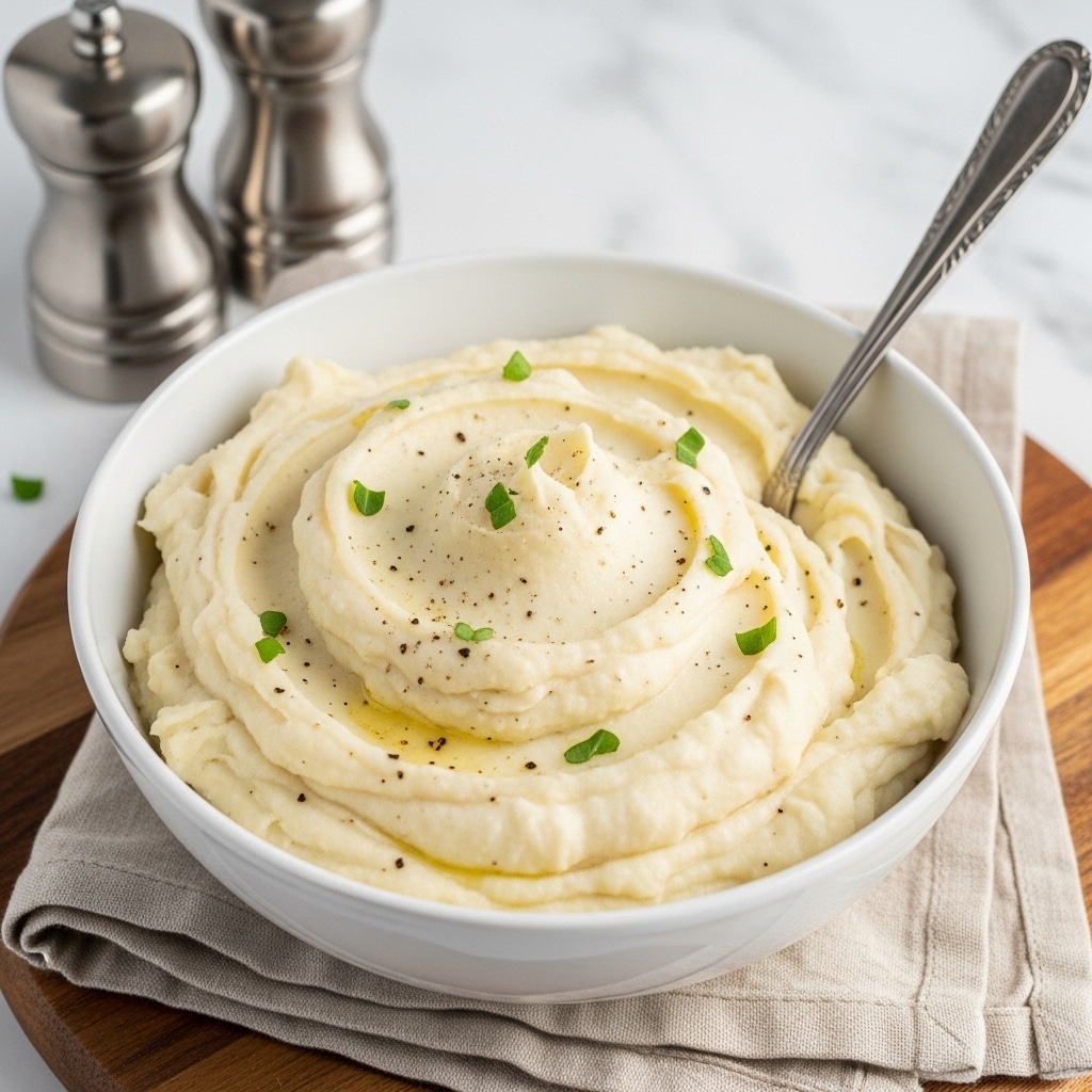 A white bowl filled with creamy mashed potatoes that have a light, fluffy texture with small visible specks of seasoning and tiny green herb leaves sprinkled on top. Inside the bowl, a silver spoon rests partially submerged in the mashed potatoes. The bowl is placed on a tan cloth napkin, which sits on a white marbled surface. In the background, there are two metallic salt and pepper shakers slightly out of focus. The overall scene is softly lit, highlighting the smooth texture of the mashed potatoes. photo taken with an iphone --ar 4:5 --v 7