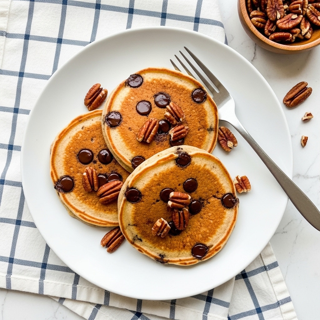 Three golden brown pancakes with a slightly rough texture are stacked unevenly on a white plate, with one pancake on top slightly shifted to show the layers. The pancakes are dotted with dark chocolate chips and small pieces of pecans on the surface. There is a silver fork resting on the top pancake to the right side, partially covering some pecan pieces. The plate is placed on a white marbled surface with a white and blue plaid cloth underneath. In the background, a small bowl with extra pecans and cinnamon sticks is visible. Photo taken with an iphone --ar 4:5 --v 7