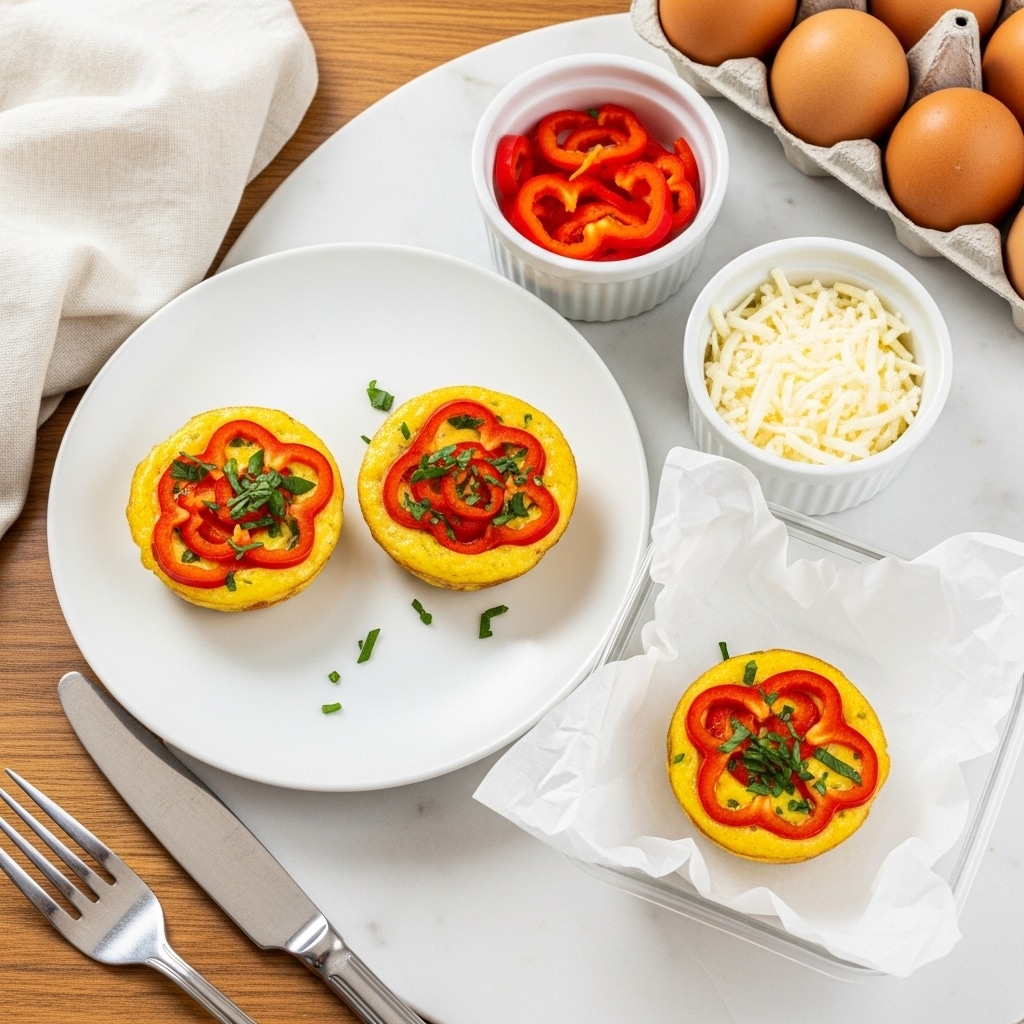 The image shows two small, round egg muffins on a white plate. Each muffin has a smooth yellow base with red pieces of roasted pepper and small green basil leaves scattered on top. Next to the plate, there is a clear plastic container lined with white parchment paper holding one more egg muffin with similar toppings. Around the plate and container, there are two small white bowls; one holds shredded white cheese and the other holds sliced red peppers. A silver fork and knife rest on the edge of the plate. A carton of brown eggs and a box of eggs are on the wooden table with a white marbled surface underneath. photo taken with an iphone --ar 4:5 --v 7