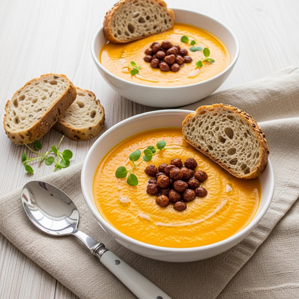 Two white shallow bowls each hold one layer of smooth, bright orange soup that fills most of the bowl surface. In the center of each soup layer, there is a small mound of dark, crispy roasted chickpeas. On the edge of each bowl, a single slice of light brown bread with a soft texture leans against the side, partially touching the soup. Small green herb sprigs decorate the top of the soup near the bread. The bowls rest on a light wood table with a white marbled texture background, alongside two more slices of bread and a silver spoon on a light beige cloth. Photo taken with an iphone --ar 4:5 --v 7