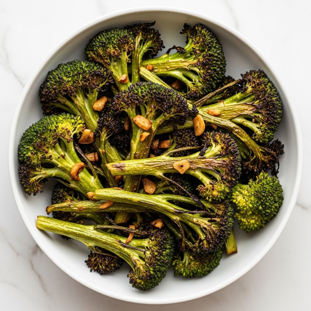 A white bowl filled with roasted broccoli florets and stems, showing a mix of bright green and slightly charred, dark edges. Thin slices of golden-brown roasted garlic are scattered throughout, adding texture and contrast. The broccoli pieces rest closely packed, with some light sprinkling of coarse salt visible on top. The bowl is placed on a white marbled surface with faint grey veining. photo taken with an iphone --ar 4:5 --v 7