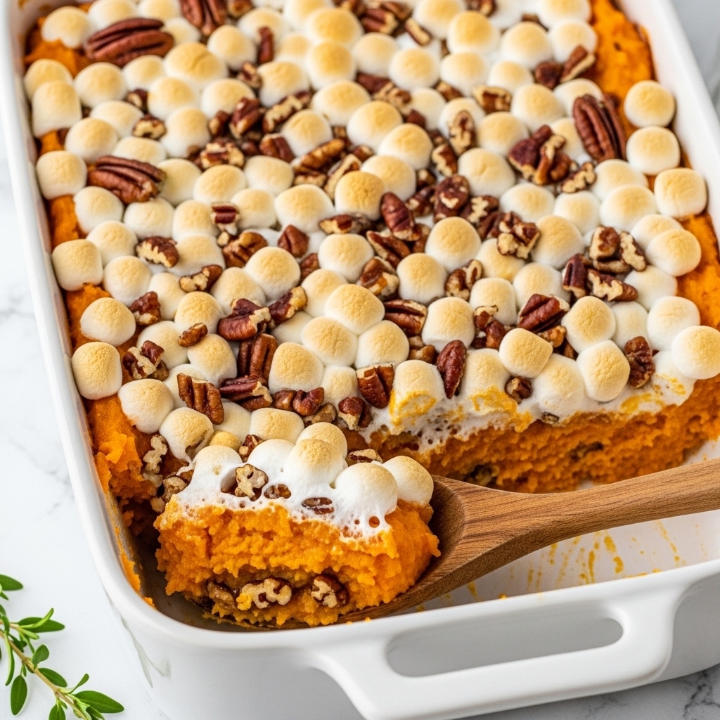 A white rectangular baking dish filled with a layered sweet potato casserole, showing three visible layers: the bright orange smooth mashed sweet potato base at the bottom, a middle layer of dark brown toasted pecans scattered evenly, and topping with golden toasted mini marshmallows that are slightly melted and browned for texture. A wooden spoon scoops out a portion from the corner, lifting a clutch of soft orange sweet potato mixed with gooey marshmallow and crunchy pecans, all set on a white marbled surface with a small green thyme sprig nearby. Photo taken with an iphone --ar 4:5 --v 7