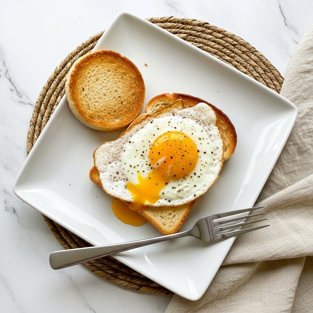 The image shows a white square plate with a piece of toasted brown bread in the center, topped with a fried egg that has a slightly crispy, golden edge and some black pepper sprinkled on it. To the upper left of the bread, there is a round, brown English muffin half. A silver fork rests diagonally on the plate, its handle extending toward the right edge. The plate is on a white marbled surface, next to a beige cloth napkin on the right side. photo taken with an iphone --ar 4:5 --v 7