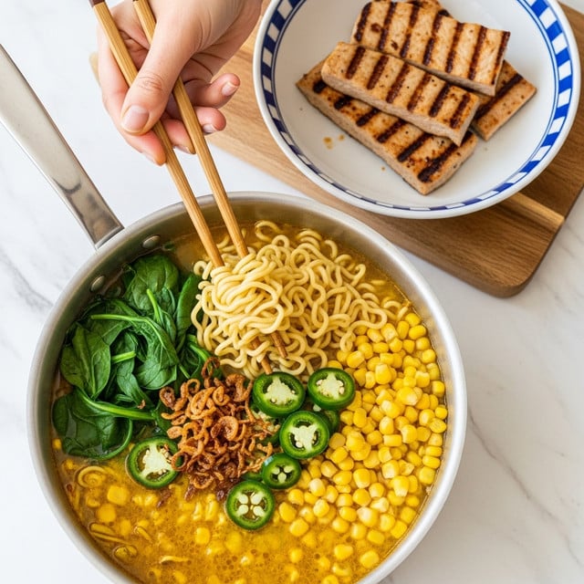 A small silver pot is filled with a noodle soup that has four main layers: bright yellow scrambled eggs at the bottom, dark green leafy vegetables on one side, pale yellow noodles lifted by a pair of chopsticks near the top, and sliced green jalapeños mixed with fried onions scattered on the eggs. Next to the pot, there is a small white bowl with a blue geometric pattern holding three pieces of grilled meat with dark grill marks. Both the pot and bowl are on a light wooden board placed on a white marbled surface. photo taken with an iphone --ar 4:5 --v 7