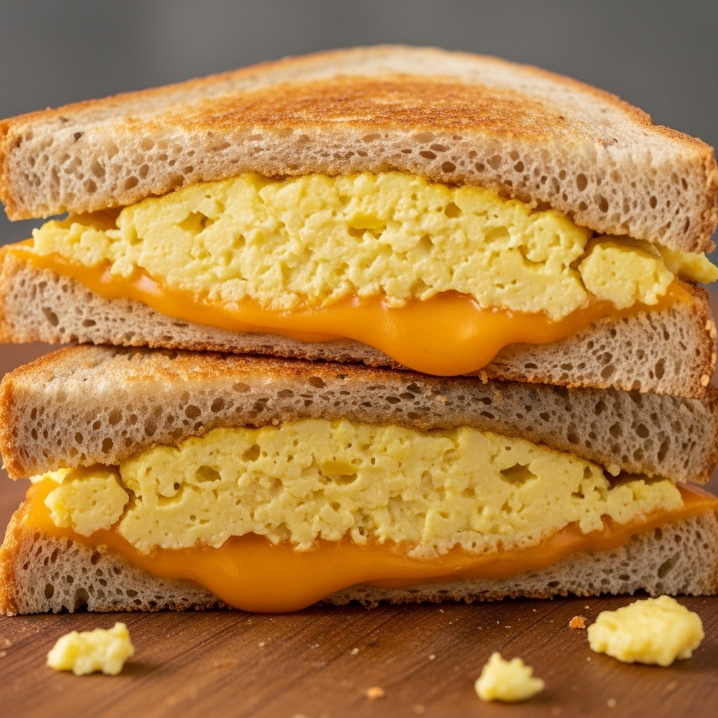A close-up of a breakfast sandwich cut in half, showing two pieces of toasted whole grain bread with a golden brown color and crispy texture on the outside. Inside each sandwich half, there is a layer of fluffy, scrambled eggs with a soft, slightly creamy yellow texture, and a layer of melted cheddar cheese that is bright orange and gooey, peeking out from the eggs. The sandwich is resting on a wooden surface with some small pieces of scrambled eggs scattered around. The photo has warm lighting that highlights the textures and colors. photo taken with an iphone --ar 4:5 --v 7