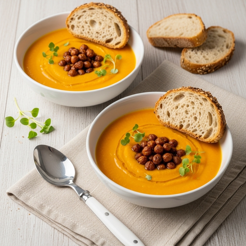 Two white bowls filled with smooth, bright orange soup. Each bowl has a small pile of dark brown, crispy chickpeas placed at the center on top of the soup. A slice of light brown rustic bread with seeds rests on the edge of each bowl. Fresh small green herb sprigs are scattered near the chickpeas and on the soup. The bowls are on a light wooden table with a beige cloth under one bowl, and a silver spoon with a white handle lies on the cloth. Two extra slices of the same bread sit on the table nearby. Photo taken with an iphone --ar 4:5 --v 7