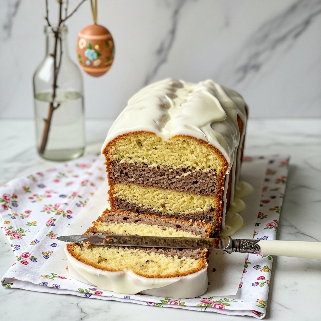 A tall, single-layered loaf cake with a golden brown crust and light, speckled beige inside stands upright on a white cloth with small floral details, placed on a white marbled surface. The cake is topped with a thick, smooth white icing that drips slightly down the sides. In front of the cake lies a single slice of the loaf, also showing the same speckled beige texture with a golden crust. A knife with a white handle and silver detailing rests beside the slice on the cloth. In the background, there is a clear glass bottle with bare branches and a hanging decorated egg. The scene is softly lit and cozy. photo taken with an iphone --ar 4:5 --v 7