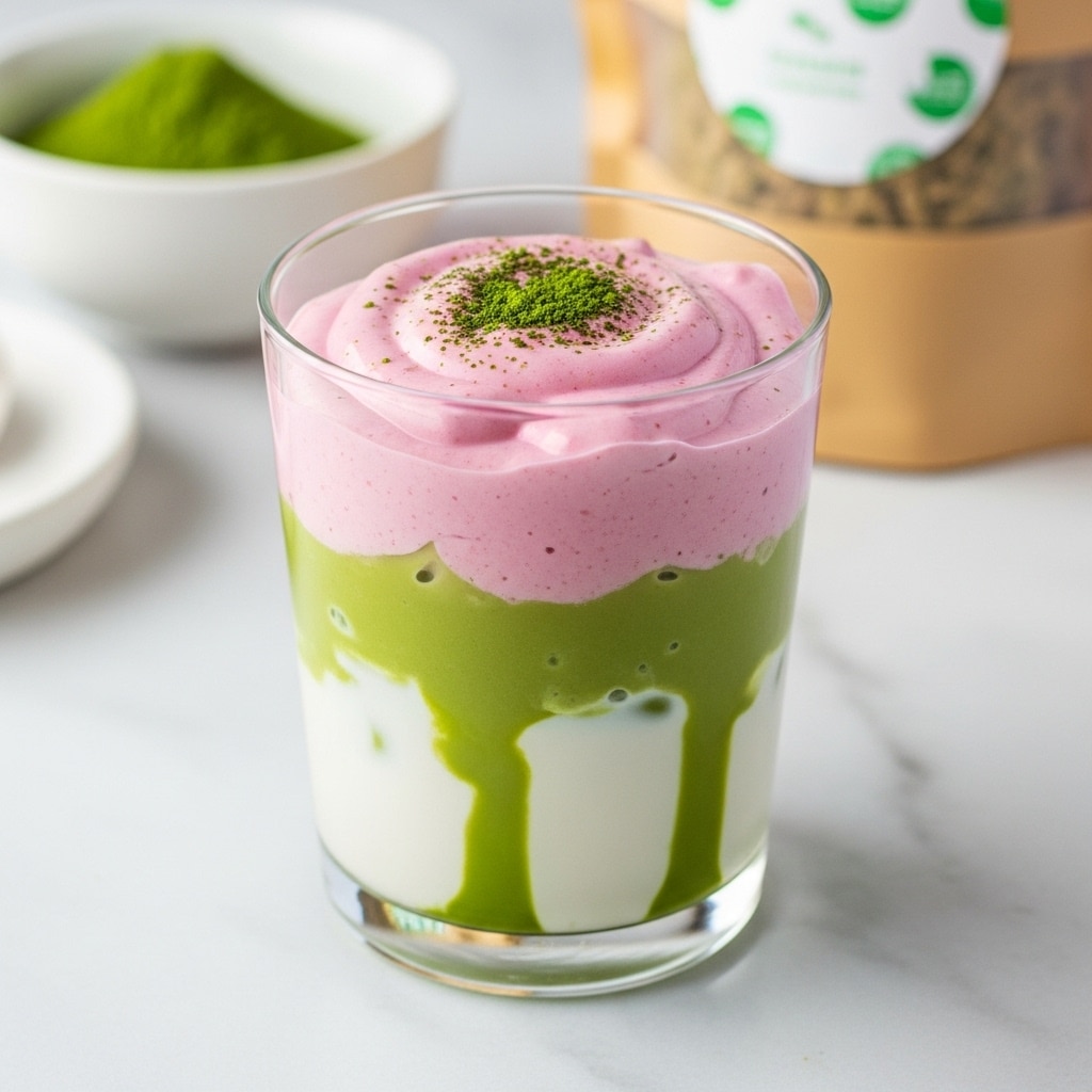 A clear glass holds a layered drink with three visible layers: the bottom layer is a milky white with green streaks, blending softly into the middle layer with more solid pale green color, while the top layer is thick and creamy pink, spread smoothly with slight peaks, sprinkled evenly with a dusting of dark green powder. Behind the glass are blurred elements including a white bowl filled with bright green powder and a white bag with green circular labels, all set on a white marbled surface in soft daylight. Photo taken with an iphone --ar 4:5 --v 7