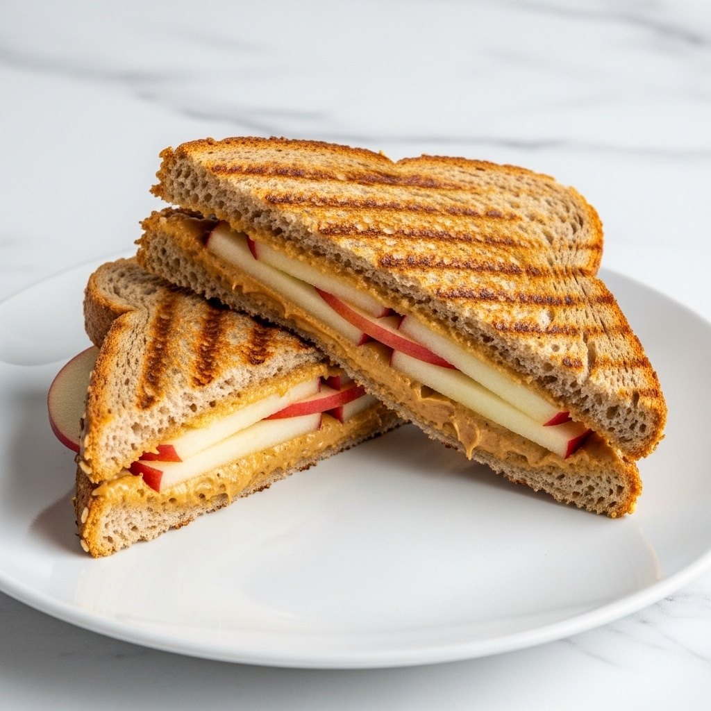 A toasted sandwich cut diagonally into two parts sits on a white plate placed on a white marbled surface. Each half shows two slices of golden-brown bread with dark grill marks. Inside the sandwich, the top layer is a smooth peanut butter spread with visible apple slices beneath it, while the other half reveals melted yellow cheese and reddish slices of meat or fruit. The sandwich edges are slightly crisp, and there is a faint shadow under the plate. Photo taken with an iphone --ar 4:5 --v 7