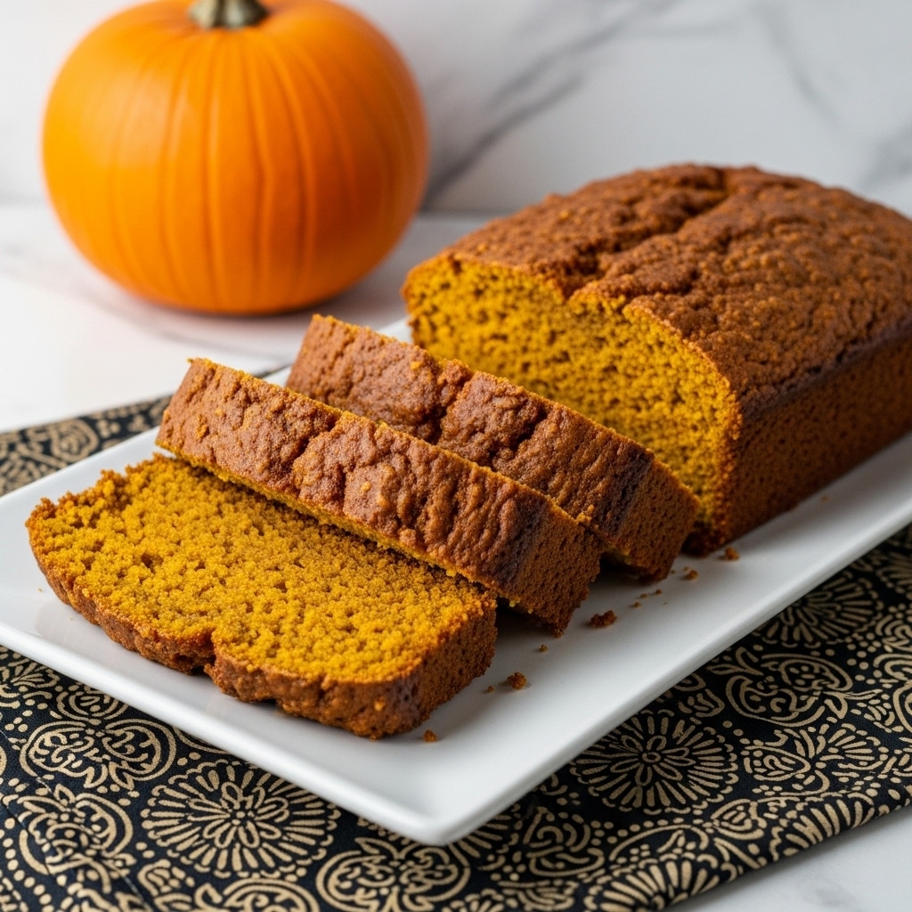 The image shows four slices of a light brown, crumbly cake arranged on a white rectangular plate. The cake texture looks dense and slightly grainy, with three slices leaning against each other in the middle and one slice lying flat on the left side. In the background, there is a large, smooth pumpkin adding a warm orange tone to the scene. The plate rests on a patterned fabric with dark and gold colors, all set against a white marbled surface. photo taken with an iphone --ar 4:5 --v 7