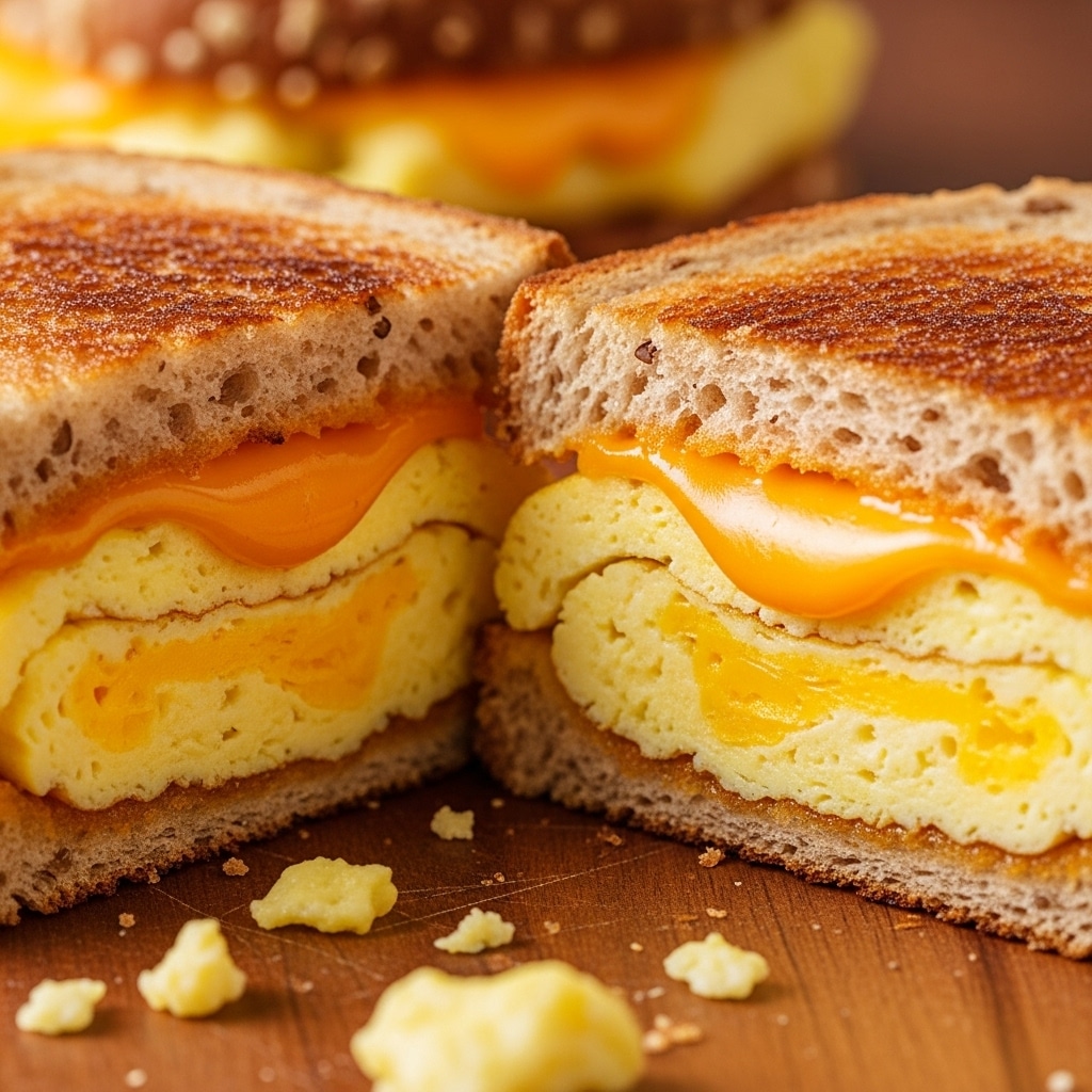 This image shows a close-up of a toasted sandwich cut diagonally into two halves, resting on a wooden surface. The sandwich has two layers of light brown, grainy toasted bread with a slightly rough texture. Inside, the sandwich is filled with one thick layer of soft, creamy scrambled eggs in a pale yellow color, and beneath it, a melted layer of orange cheddar cheese, which looks smooth and gooey. Some small bits of scrambled eggs have fallen outside the sandwich. The photo taken with an iphone --ar 4:5 --v 7